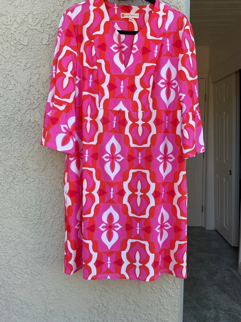 Jude Connally Red, Pink & White Butterfly tile 3/4 Sleeve Shift Dress - Picture 1 of 7